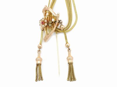 Catena Saliscendi Borbonica in Oro Rosa e Giallo a Basso Itolo con Microperle e Vetro Rosso