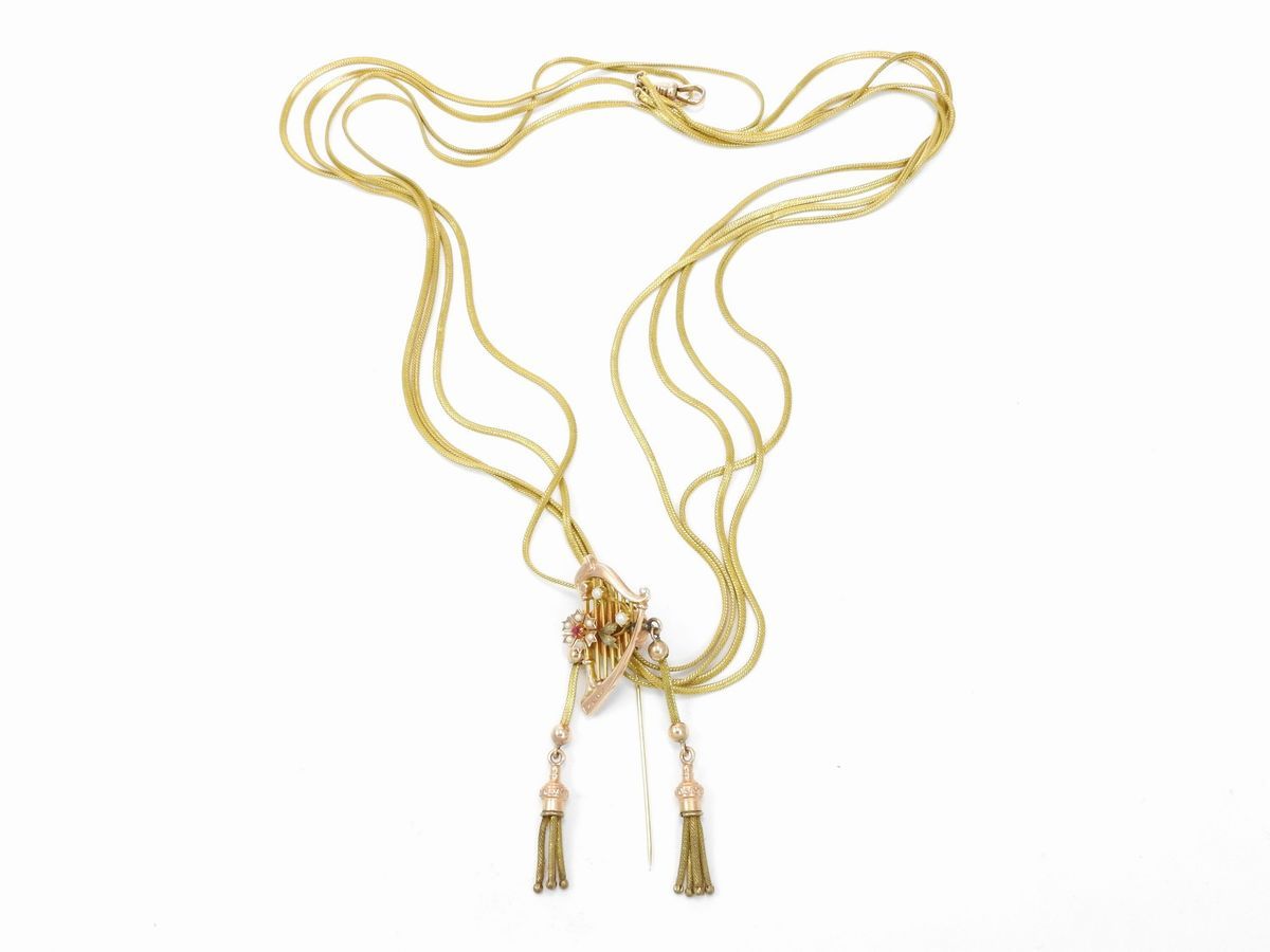 Catena Saliscendi Borbonica in Oro Rosa e Giallo a Basso Itolo con Microperle e Vetro Rosso