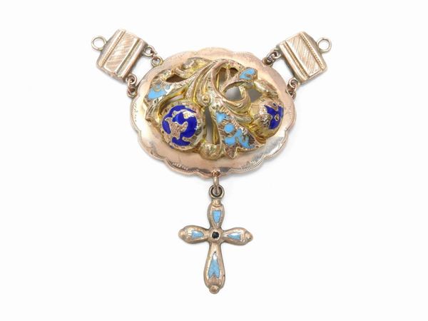 Low title pink gold Bourbon pendant with blue and blue enamels