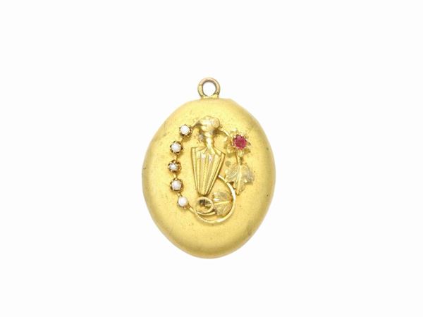 Low title yellow gold Bourbon pendant with micro-pearls and red glass  (19th century)  - Auction Antique jewelry and watches - Maison Bibelot - Casa d'Aste Firenze - Milano