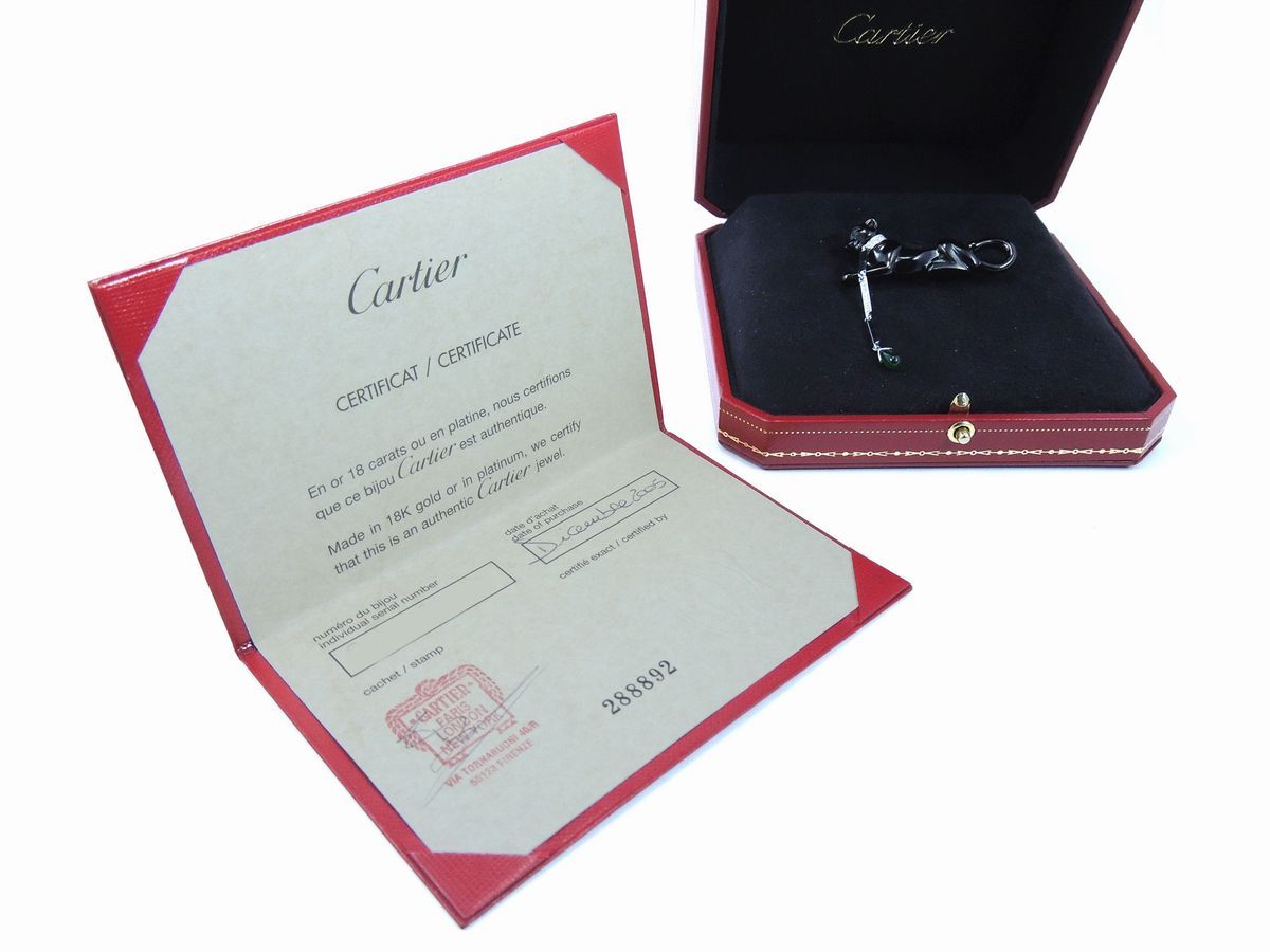 Spilla in Oro Bianco e Brunito Cartier Panthère con Diamanti e Smeraldo