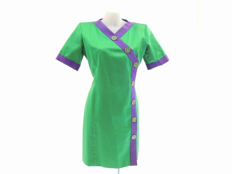 Abito in Cotone e Raso Verde, Yves Saint Laurent Rive Gauche