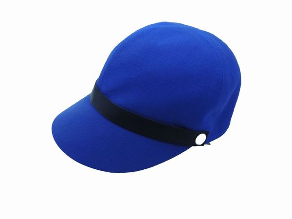 Cappellino in cotone azzurro e pelle nera, Hermès