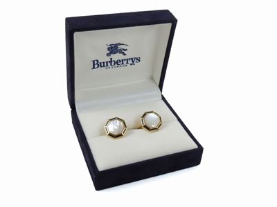 Paio di Gemelli in Metallo Dorato, Madreperla e Smalto Blu Cobalto, Burberry