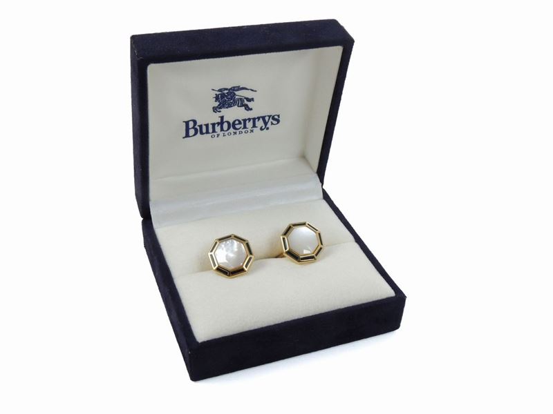 Paio di Gemelli in Metallo Dorato, Madreperla e Smalto Blu Cobalto, Burberry