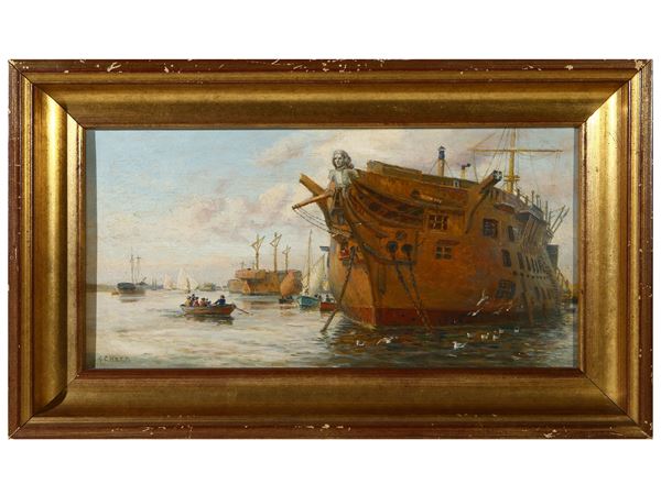 Scuola inglese del XIX secolo - Veduta di porto con imbarcazioni
