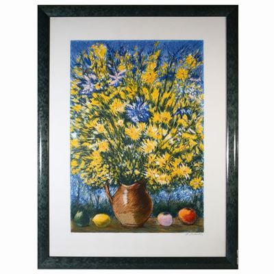 Vaso di Fiori e Paesaggio Marino con Barche