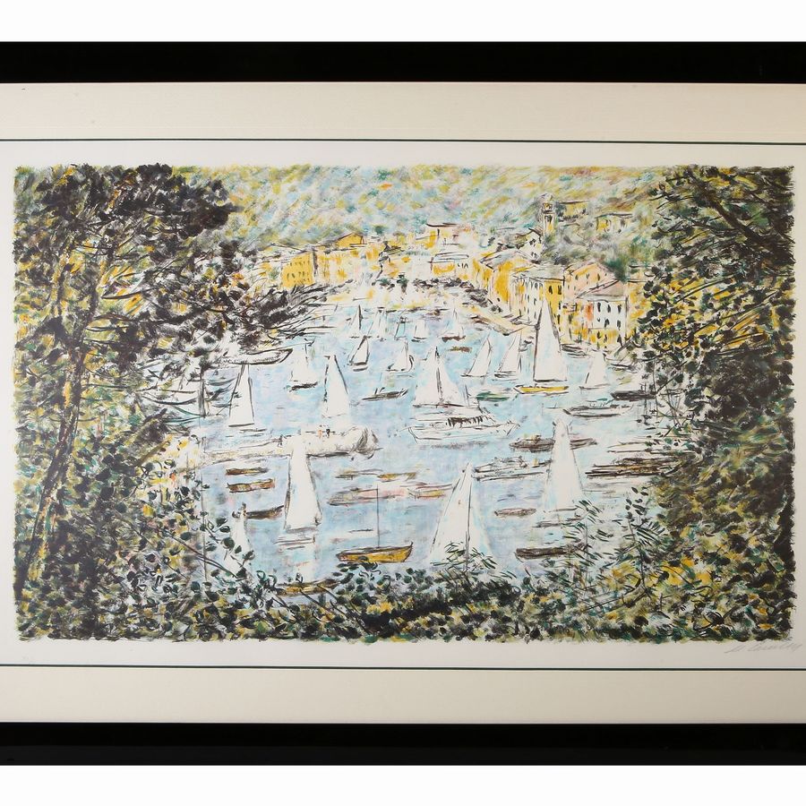 Michele Cascella - Vaso di Fiori e Paesaggio Marino con Barche
