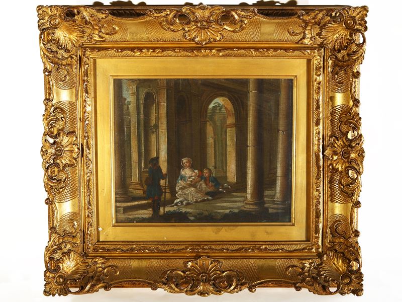 Scuola Francese del XVIII Secolo - Capriccio Architettonico con Scena di Genere