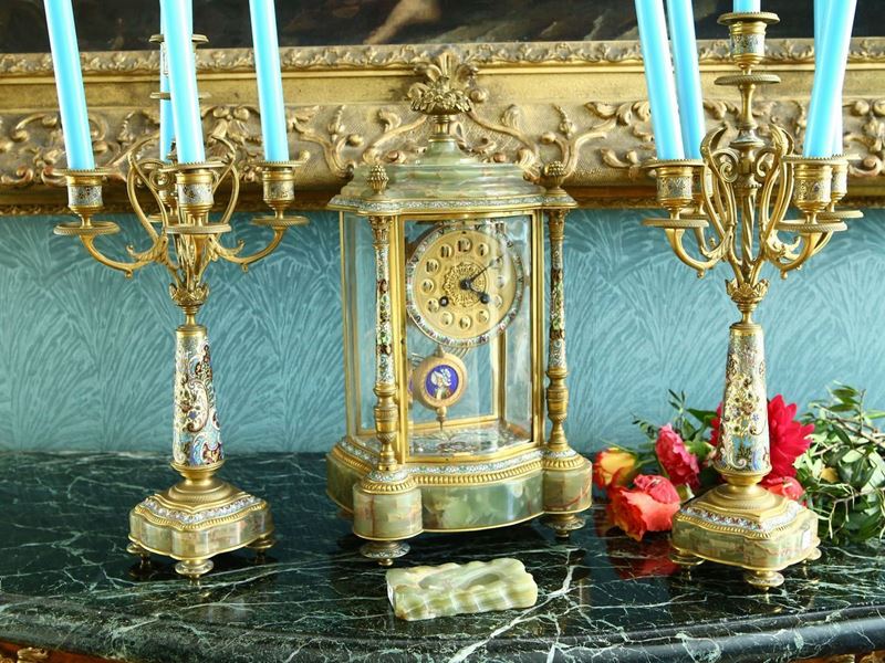 Trittico da Camino in Metallo Dorato, Smalti Cloisonné e Onice, C. Detouche, Paris