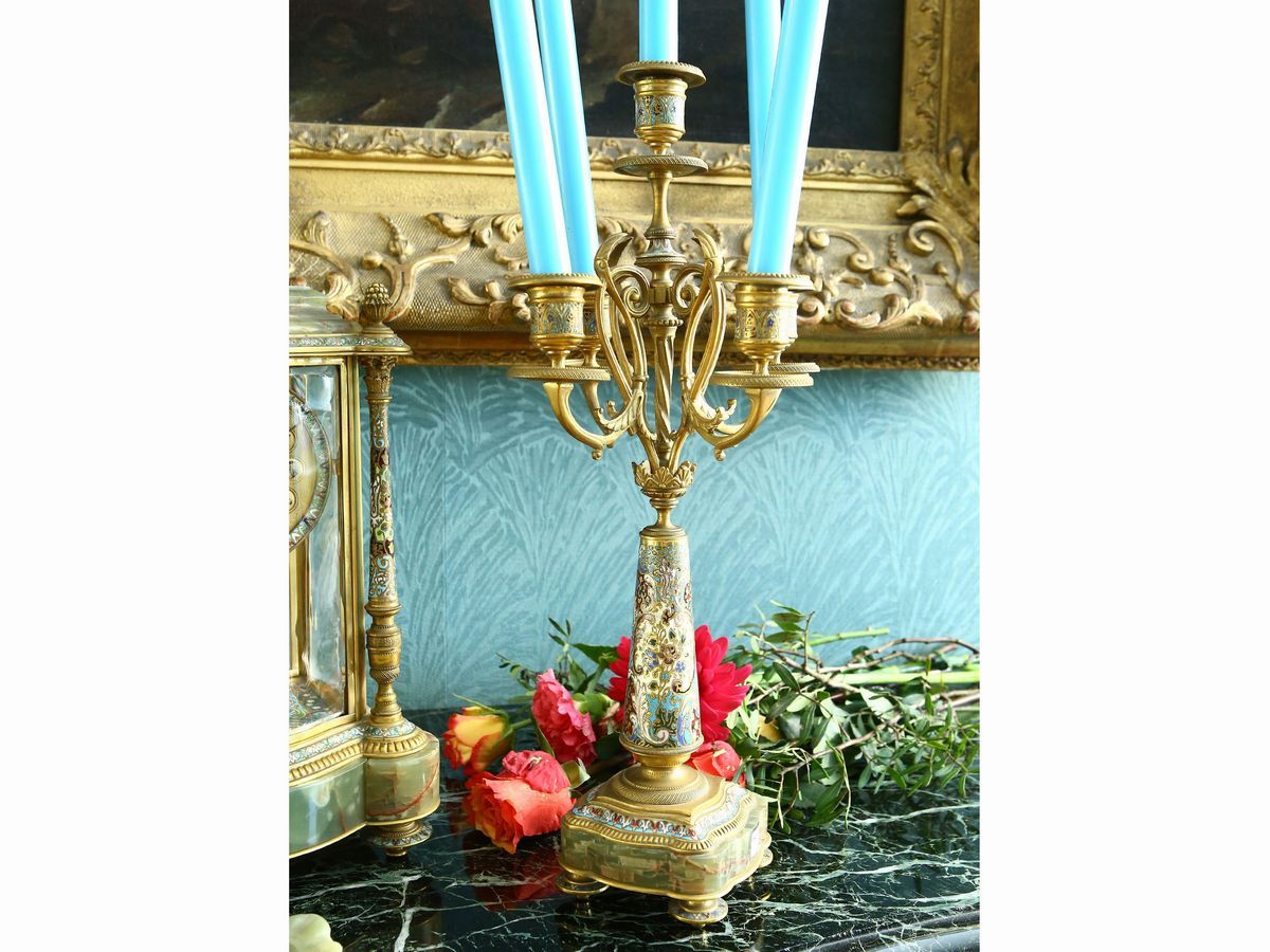 Trittico da Camino in Metallo Dorato, Smalti Cloisonné e Onice, C. Detouche, Paris