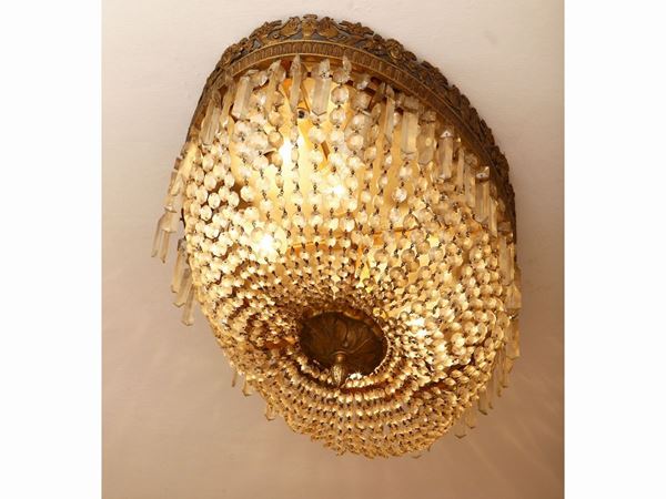 Plafoniera a paniere in bronzo dorato e vetro
