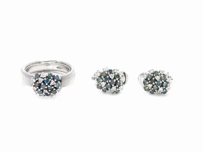 Demi Parure Anello e Orecchini in Oro Bianco con Diamanti Incolori e Fancy Colour