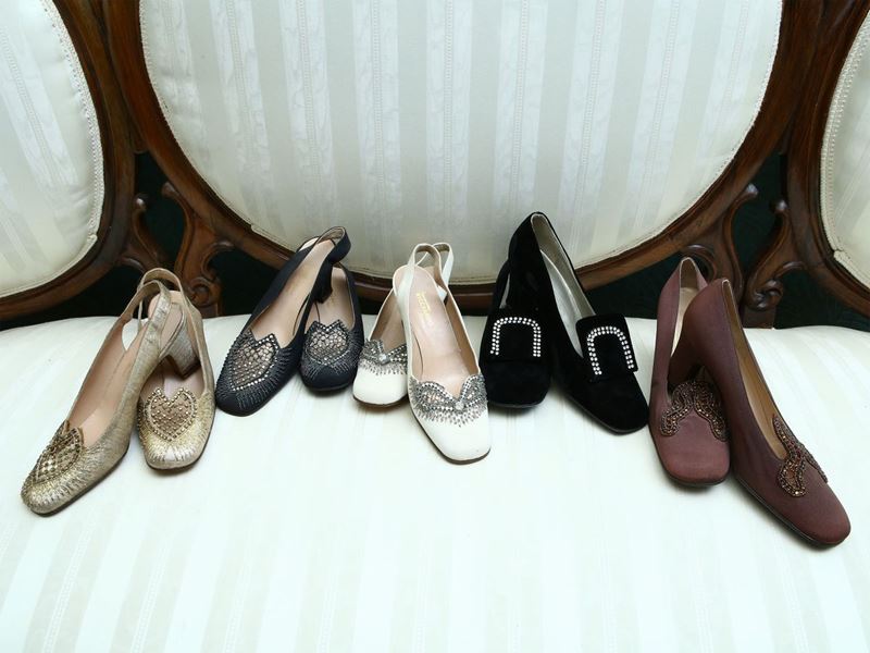 Lotto di Scarpe Vintage in Pelle, Tessuto e Velluto
