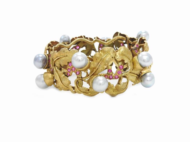 Bracciale Rigido in Oro Giallo con Rubini e Perle Coltivate Barocche