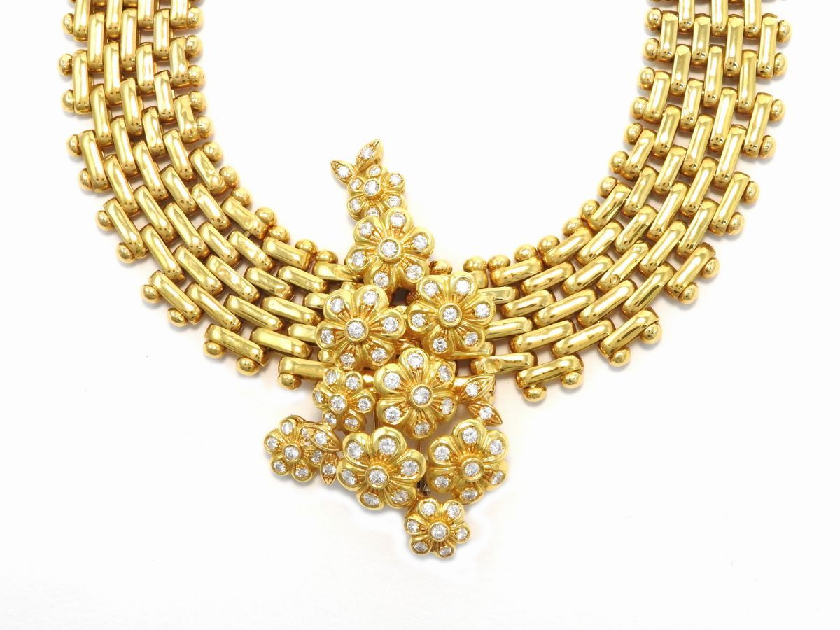 Parure Spallanzani Girocollo-spilla Scomponibili e Orecchini in Oro Giallo e Diamanti