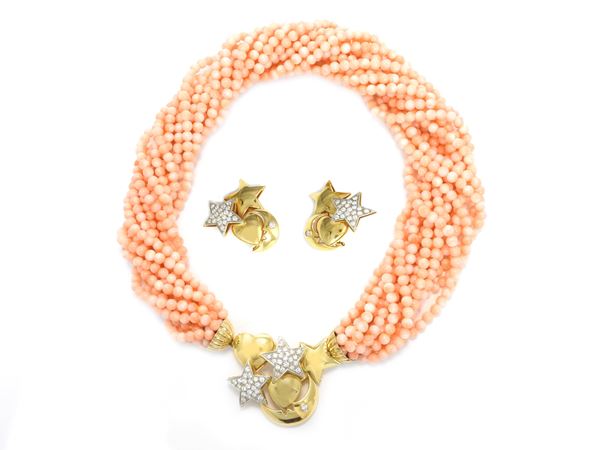 Yellow gold Spallanzani demi parure necklace and earrings with diamonds and orange pink coral