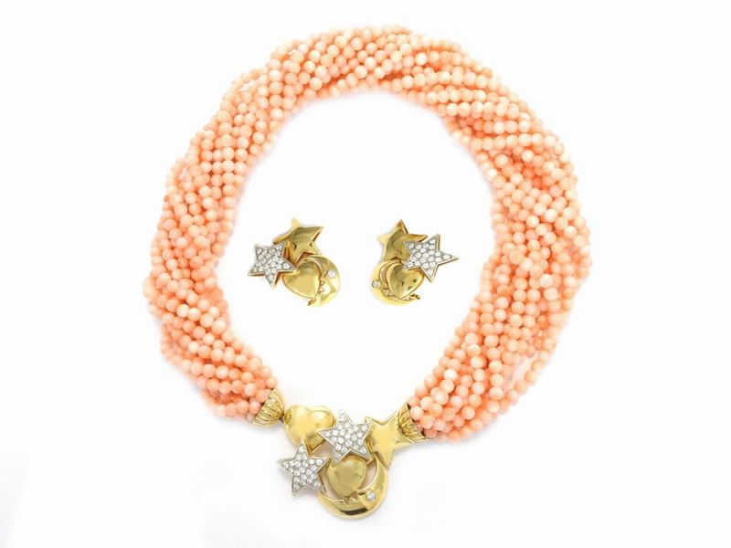Demi Parure Spallanzani, Collana ed Orecchini in Oro Giallo con Diamanti e Corallo Rosa Arancio