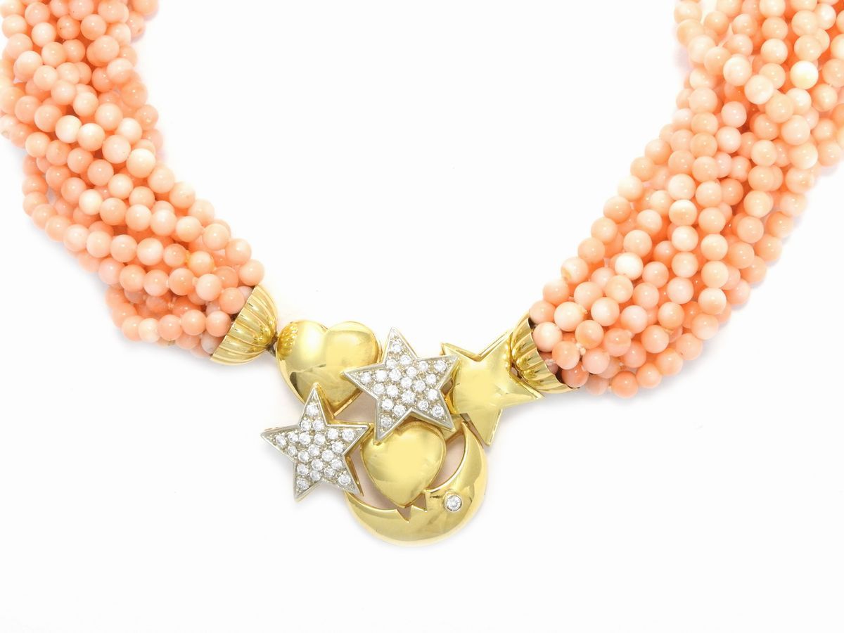 Demi Parure Spallanzani, Collana ed Orecchini in Oro Giallo con Diamanti e Corallo Rosa Arancio
