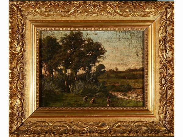 Scuola di Barbizon del XIX secolo - Paesaggio con contadine