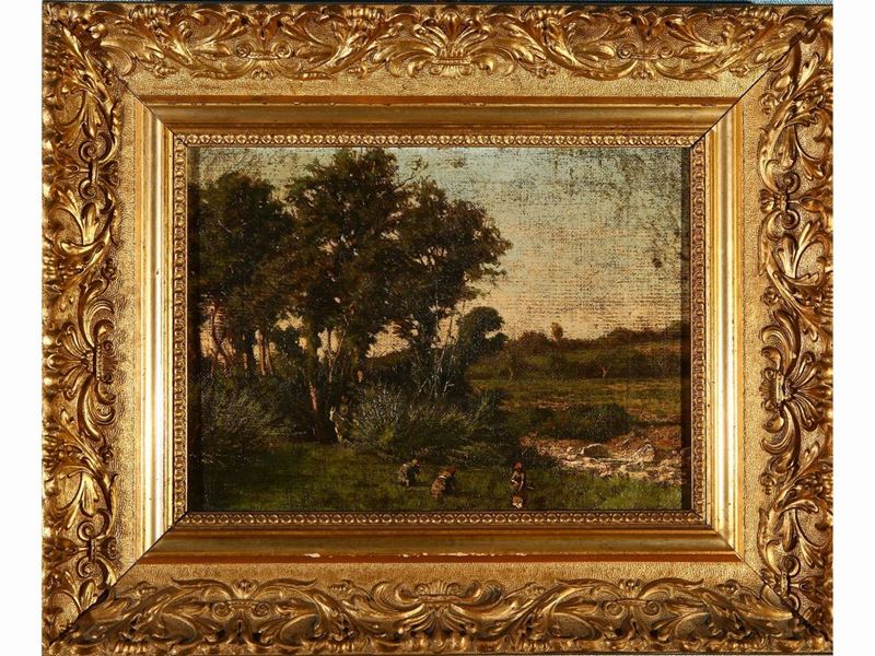 Scuola di Barbizon del XIX Secolo - Paesaggio con Contadine