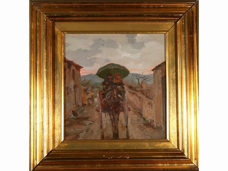 Enrico Corazzi - Paesaggio con Carrozza e Personaggi
