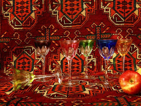Six harlequin goblets in cut crystal, Moser