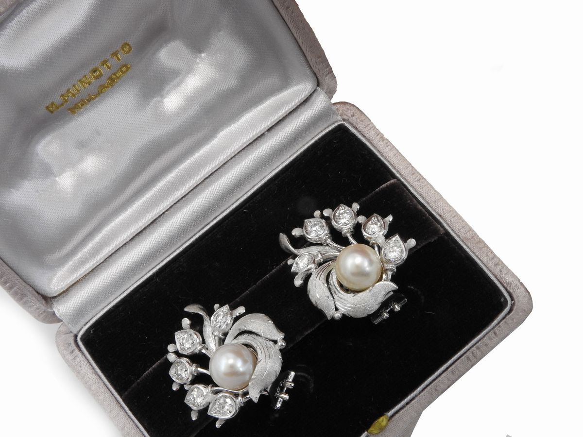 Orecchini Marcello Minotto in Oro Bianco con Diamanti e Perle Coltivate