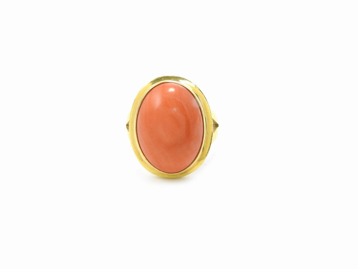 Demi Parure Anello e Orecchini in Oro Giallo con Corallo Rosa Arancio