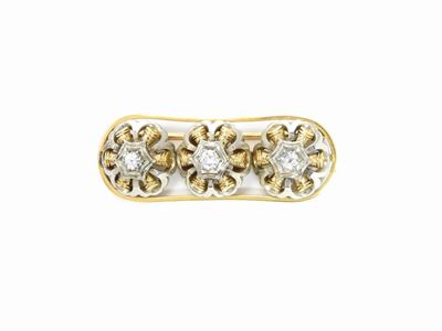 Spilla in Oro Bianco e Giallo con Diamante ed Imitazioni di Diamanti