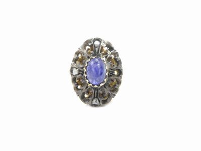 Anello in Oro Giallo e Argento con Diamanti e Zaffiro