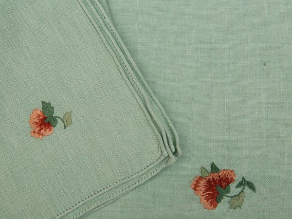 Embroidered mint green linen tablecloth