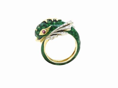 Anello Animalier in Oro Giallo e Bianco con Diamanti Rubini e Smalto Verde