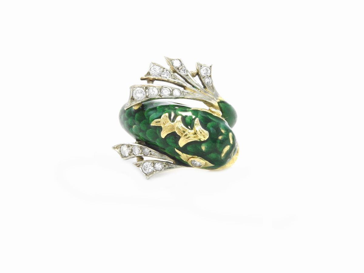 Anello Animalier in Oro Giallo e Bianco con Diamanti Rubini e Smalto Verde