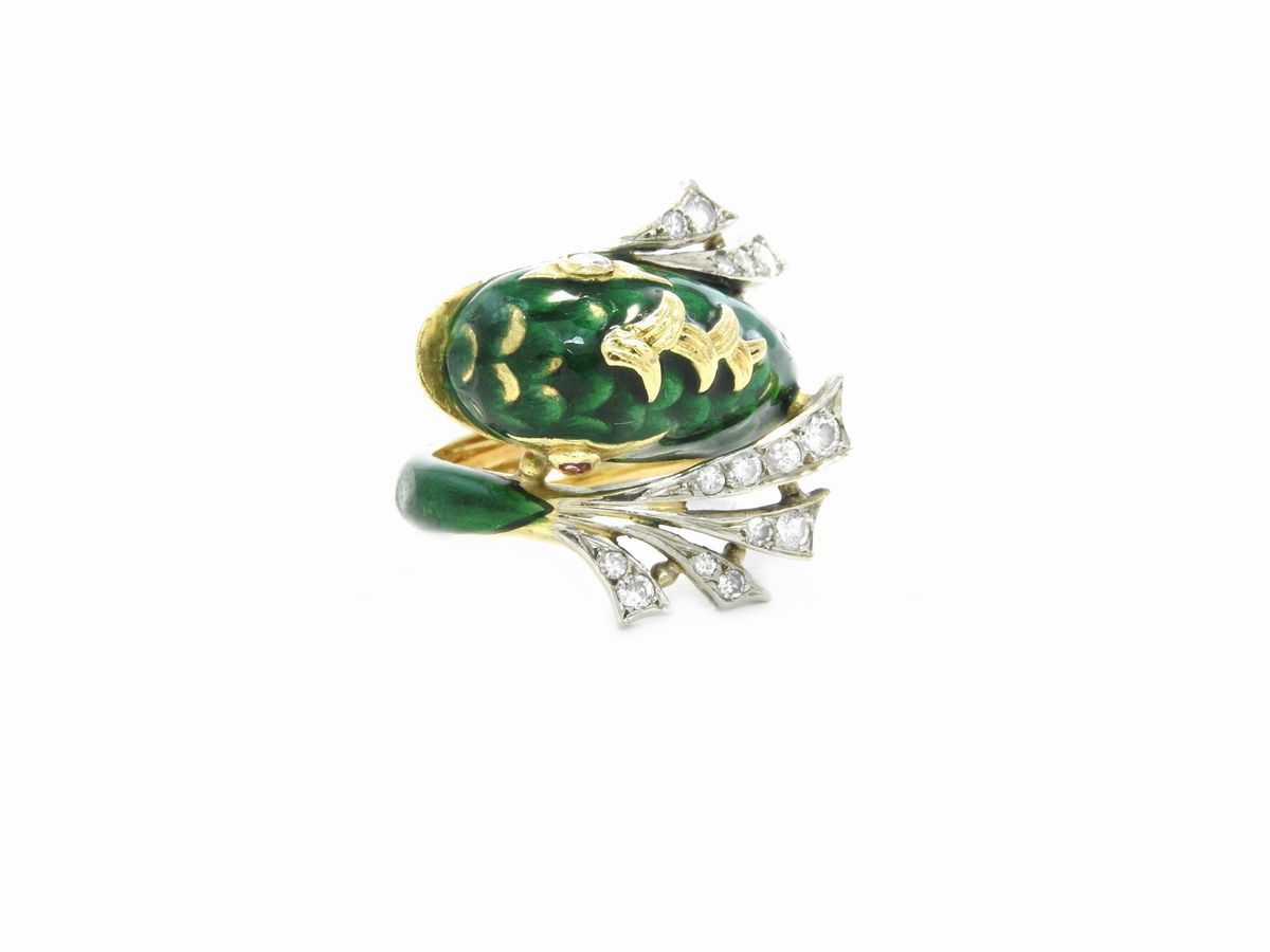 Anello Animalier in Oro Giallo e Bianco con Diamanti Rubini e Smalto Verde