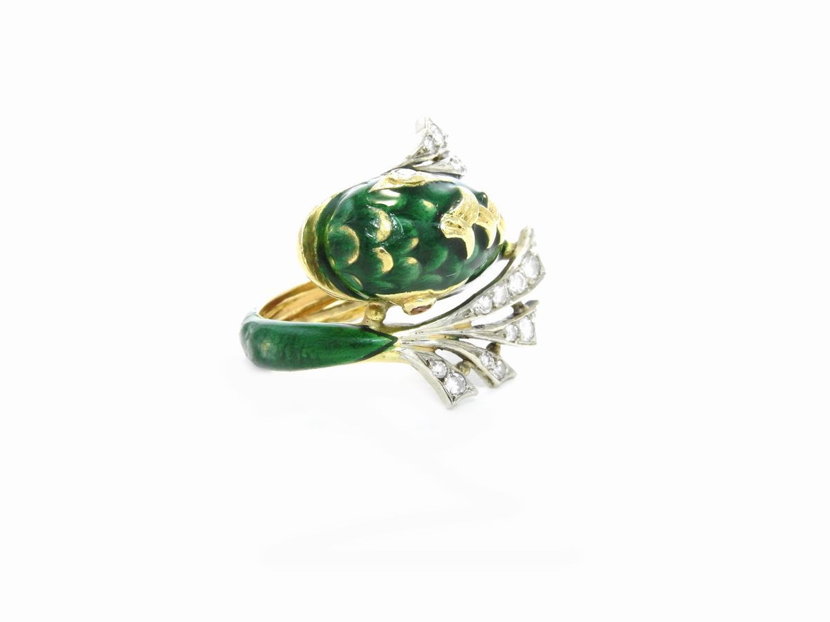 Anello Animalier in Oro Giallo e Bianco con Diamanti Rubini e Smalto Verde