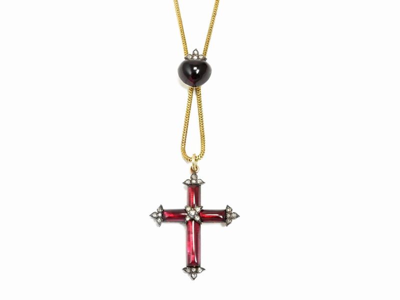 Collana con Pendente in Oro a Vario Titolo ed Argento con Diamanti e Granati Foilbacked