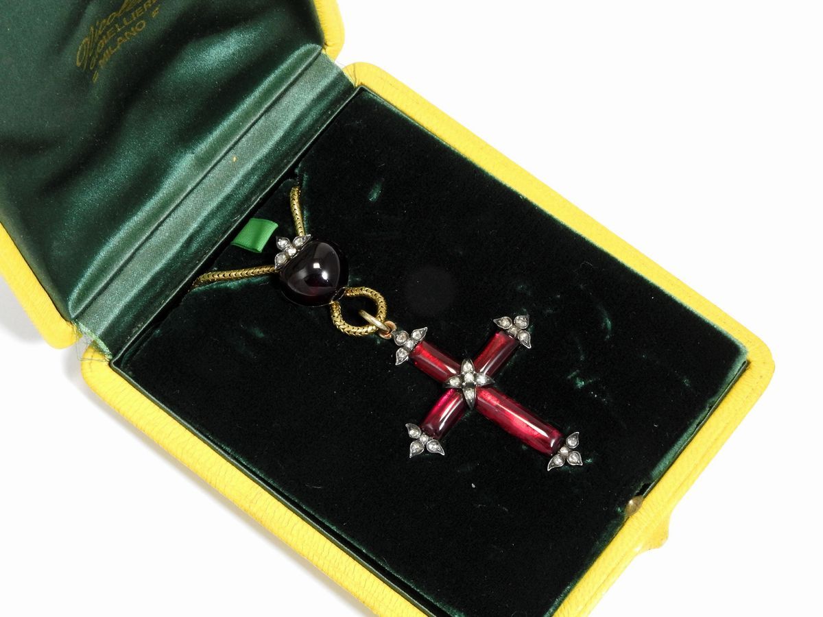 Collana con Pendente in Oro a Vario Titolo ed Argento con Diamanti e Granati Foilbacked