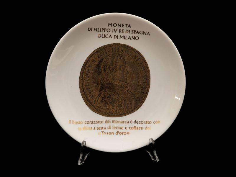 Serie di Tre Piatti in Porcellana, Monete del Ducato di Milano, Fornasetti