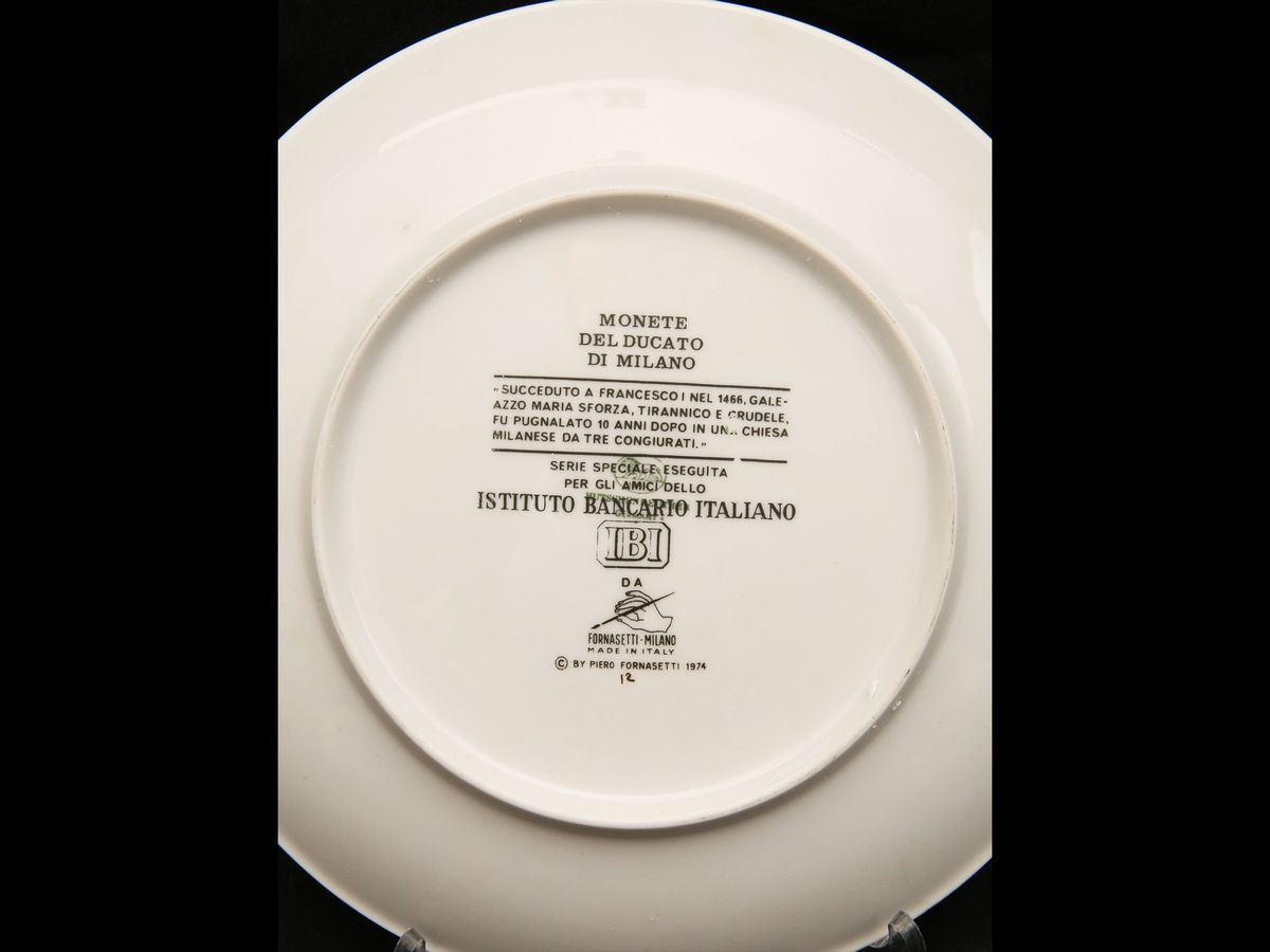 Serie di Tre Piatti in Porcellana, Monete del Ducato di Milano, Fornasetti