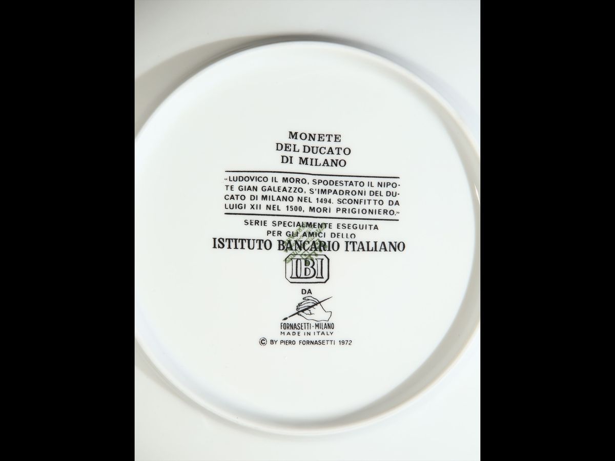 Serie di Tre Piatti in Porcellana, Monete del Ducato di Milano, Fornasetti
