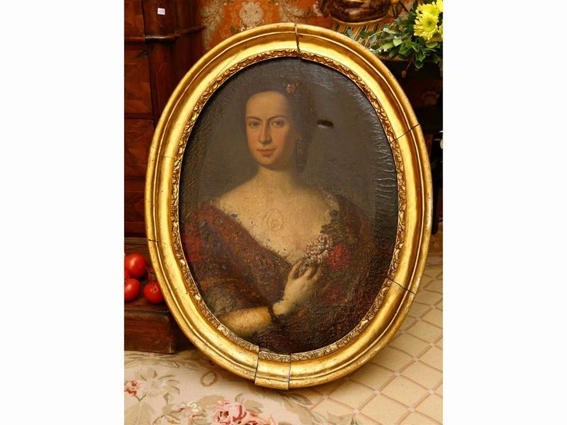 Pittore Austriaco-tedesco - Ritratto di Dama con Mazzo di Fiori