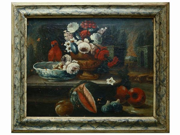 Maniera della pittura del XVIII secolo - Natura morta con frutta e pappagallo in un paesaggio