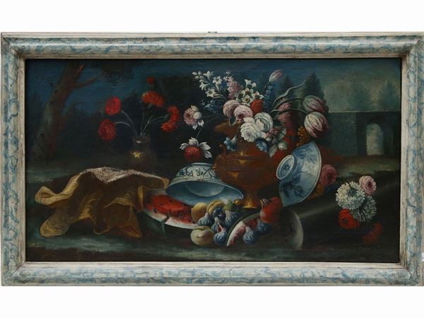 Maniera della pittura fiamminga del XVIII secolo - Nature morte in un paesaggio