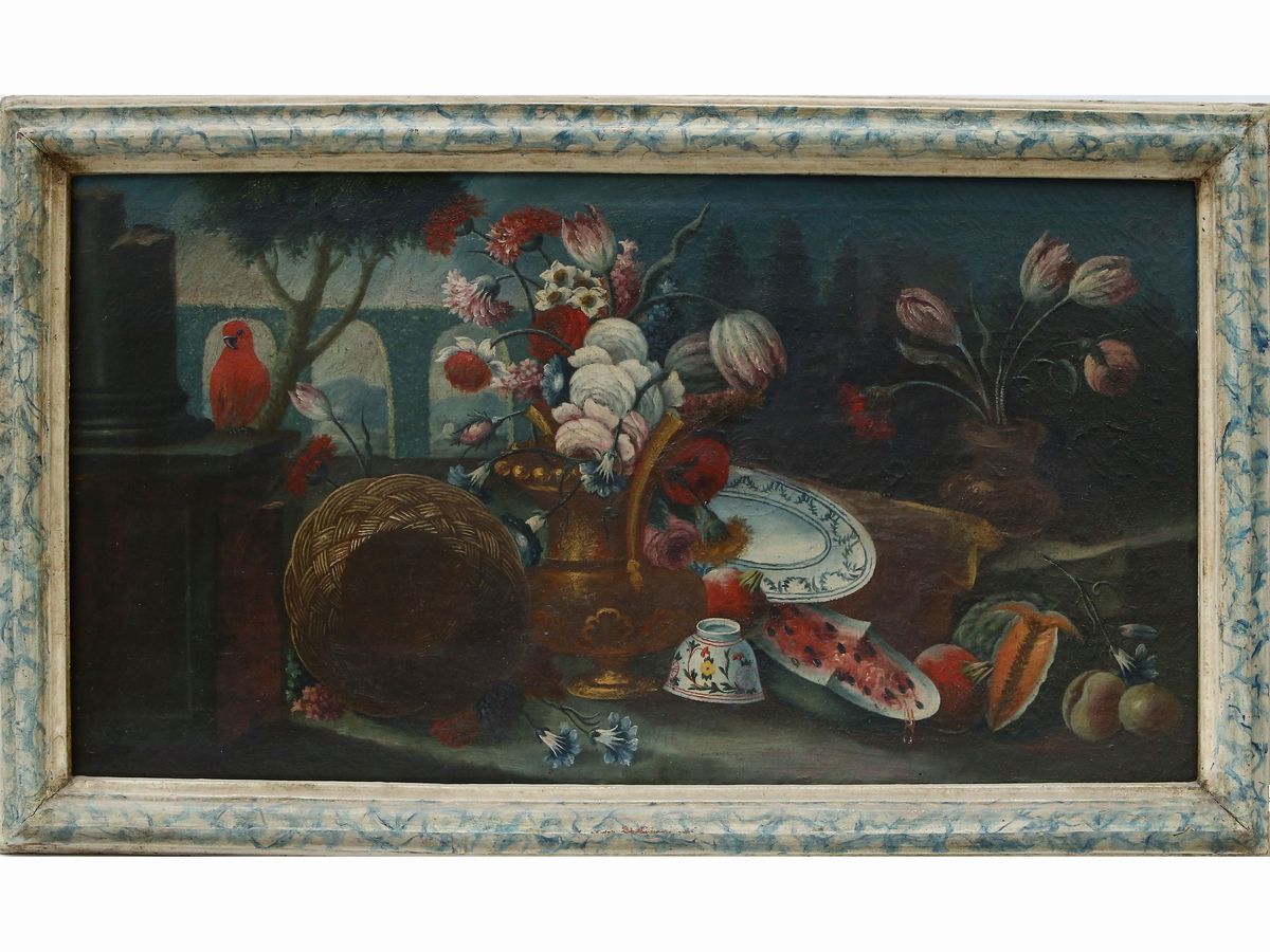 Maniera della Pittura Fiamminga del XVIII Secolo - Nature Morte in un Paesaggio