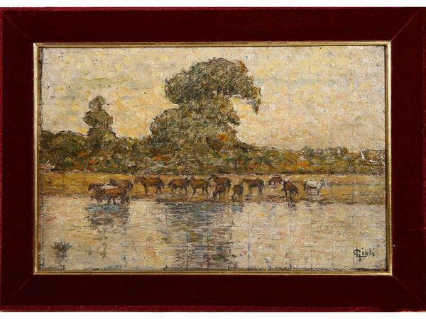 Luigi Gioli - Paesaggio fluviale con mandria di cavalli