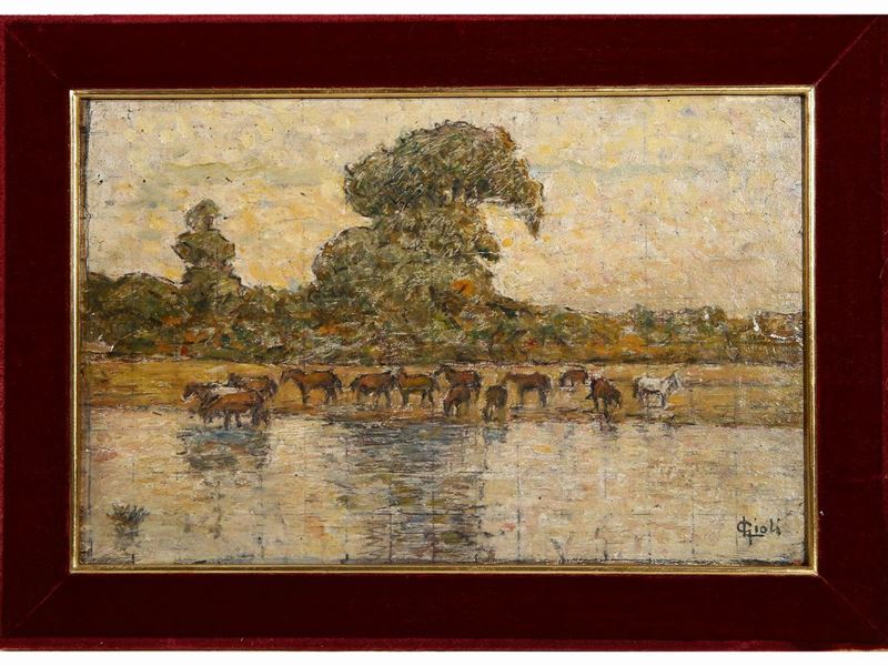 Luigi Gioli - Paesaggio Fluviale con Mandria di Cavalli