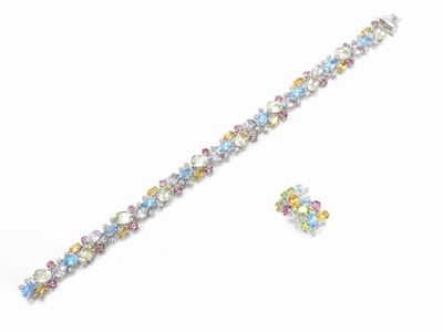Demi Parure Anello e Bracciale in Oro Bianco 585/1000 con Diamanti e Gemme Multicolor