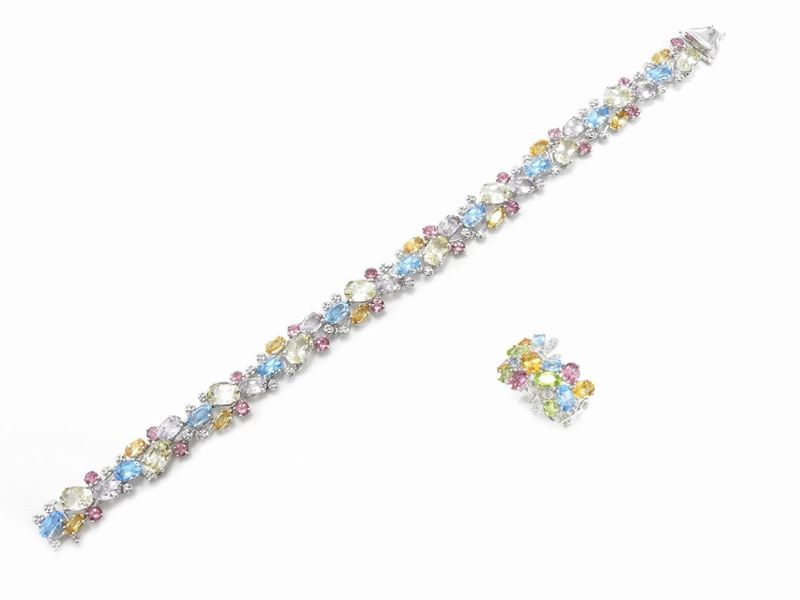 Demi Parure Anello e Bracciale in Oro Bianco 585/1000 con Diamanti e Gemme Multicolor