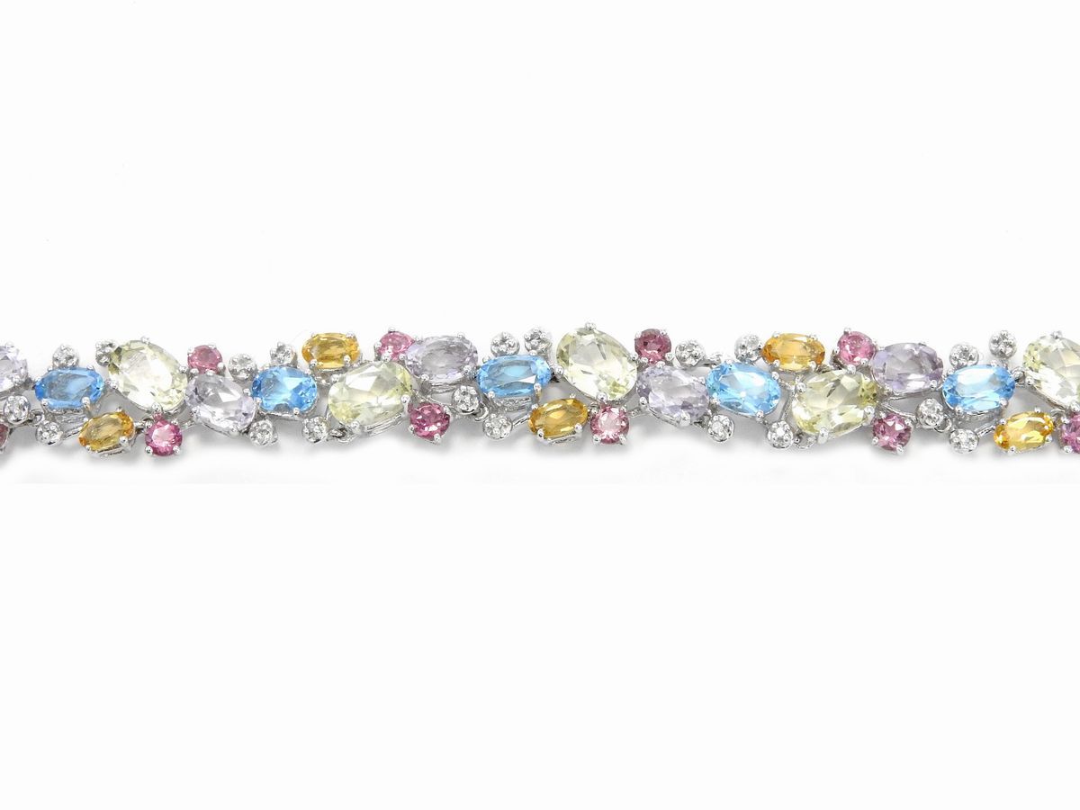 Demi Parure Anello e Bracciale in Oro Bianco 585/1000 con Diamanti e Gemme Multicolor